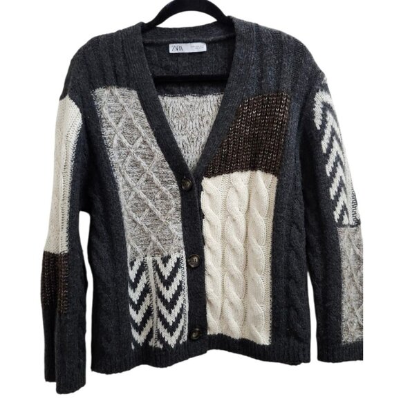Zara Patchwork Cardigan Sweater Womens Size S Brown Ivory Oversized Chunky - Picture 2 of 14
